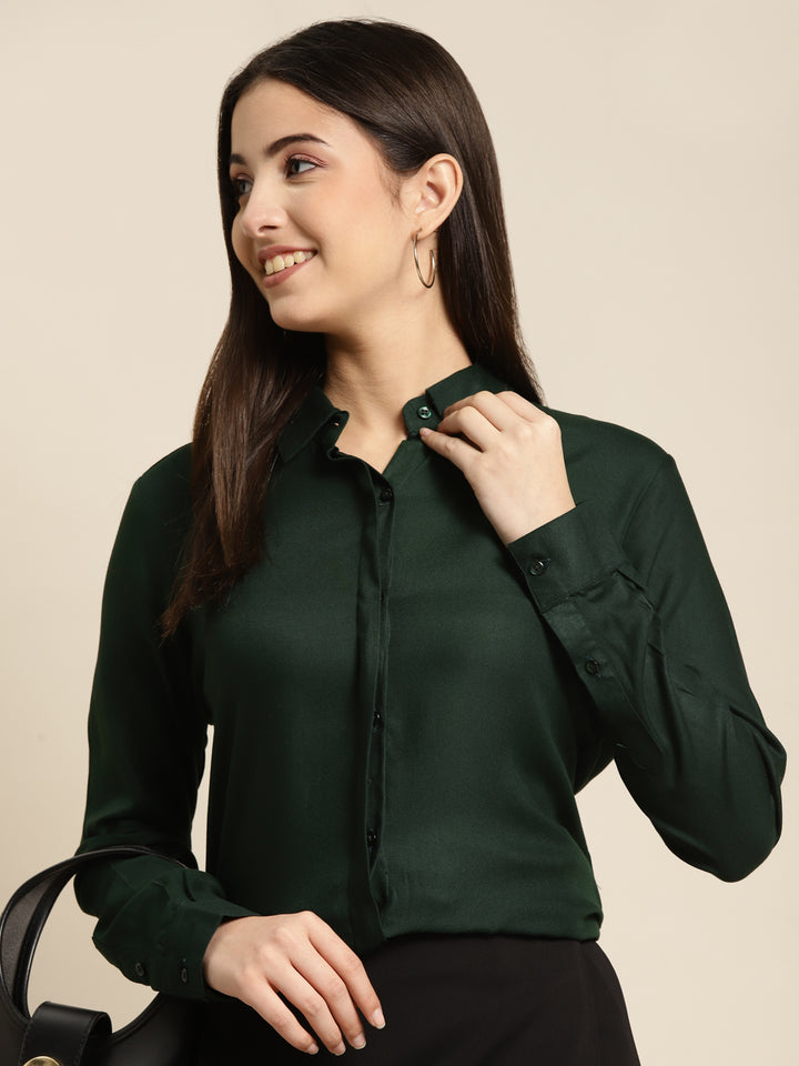 Women Bottel Green Solid Viscose Rayon Regular Fit Formal Shirt