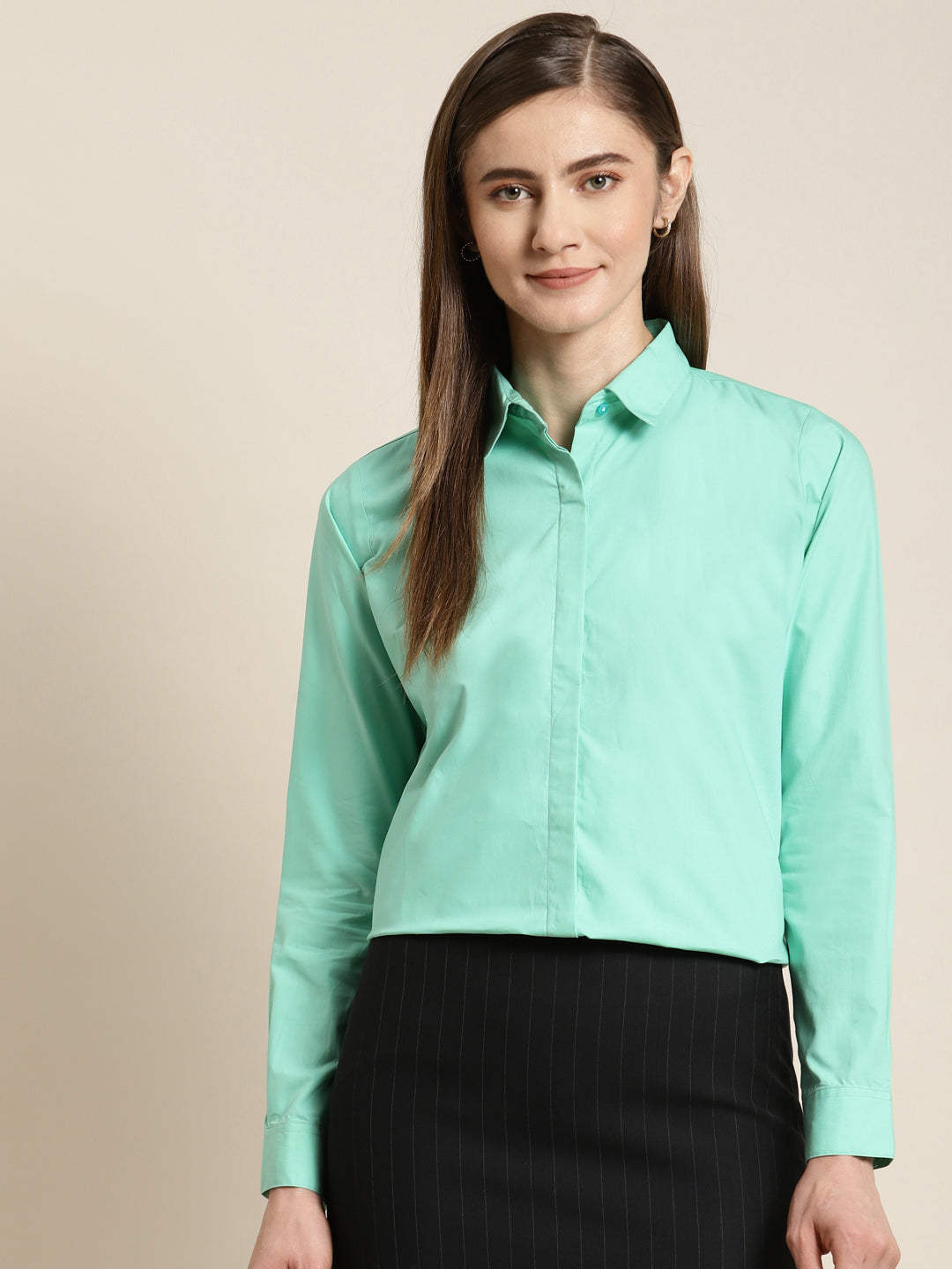 Women Mint Green Solid Pure Cotton Regular Fit Formal Shirt