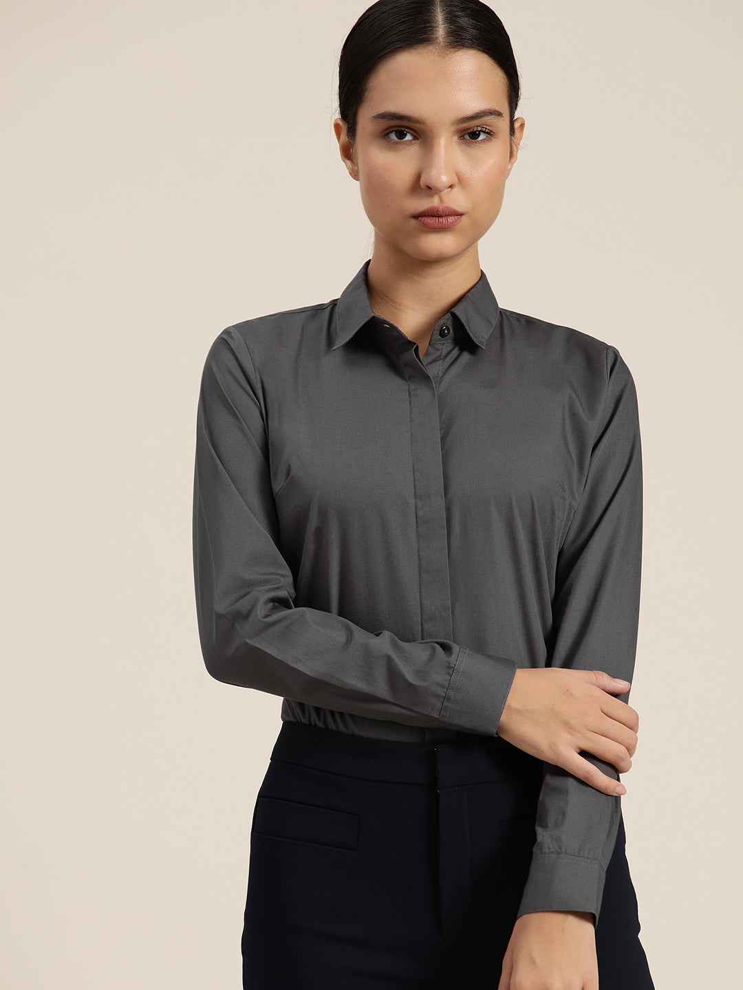 Women Dark Grey Solid Pure Cotton Regular Fit Formal Shirt