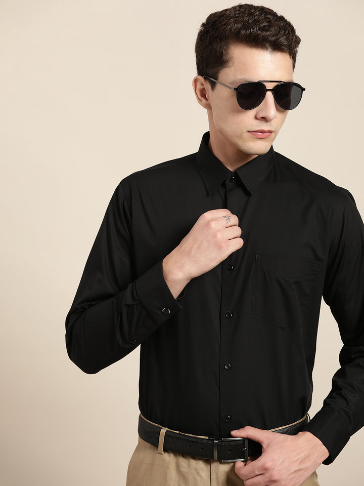 Men Black Solid Slim Fit Pure Cotton Satin French Cuff Formal Shirt