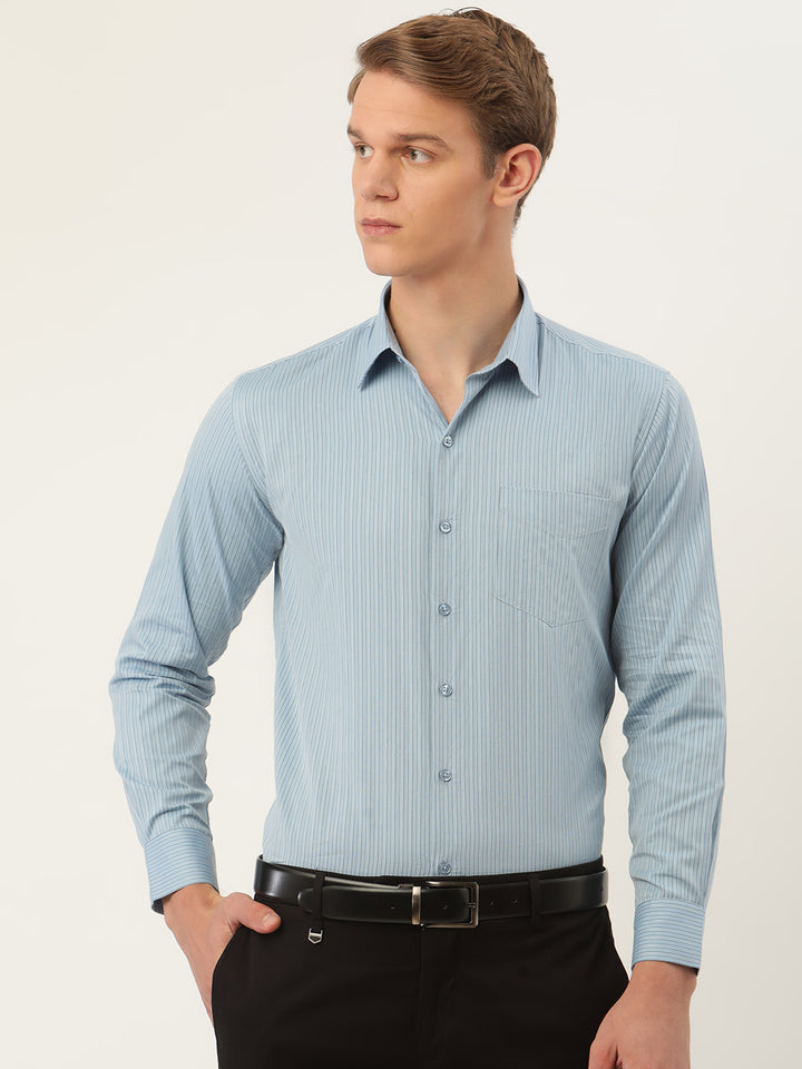 Men Blue Stripes Pure Cotton Slim Fit Formal Shirt