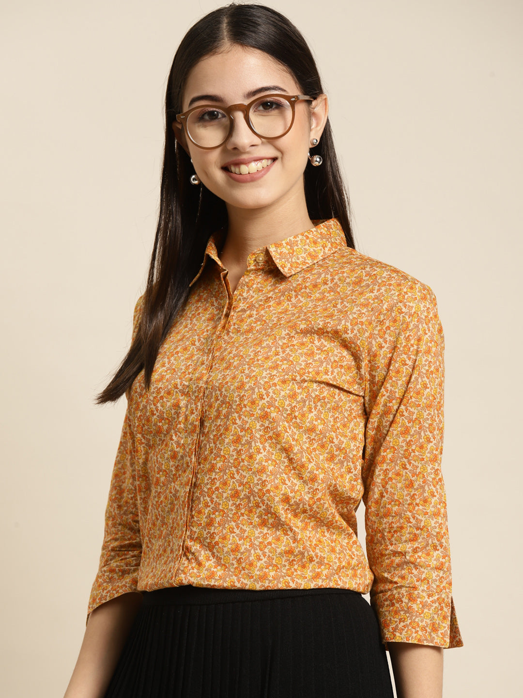 Women Beige & Yellow Printed Pure Cotton Regular Fit Formal Shirt