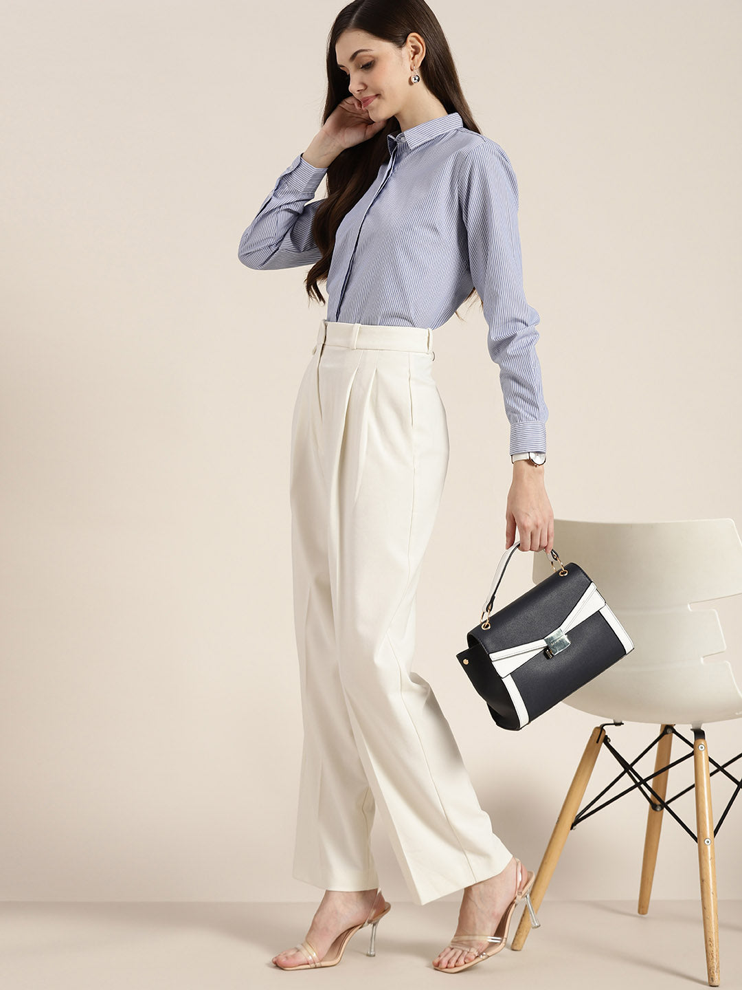 Women Blue & White Striped Pure Cotton Regular Fit Formal Shirt