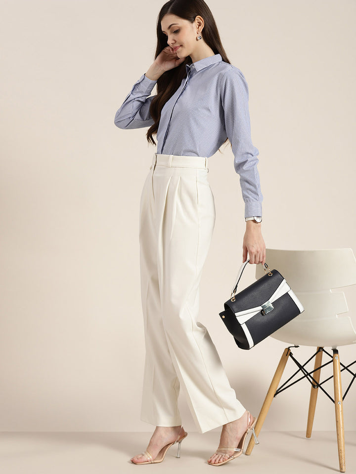 Women Blue & White Striped Pure Cotton Regular Fit Formal Shirt
