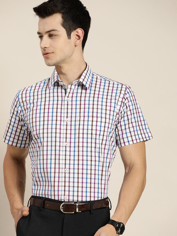 Men White & Blue Checks Pure Cotton Slim Fit Formal Shirt