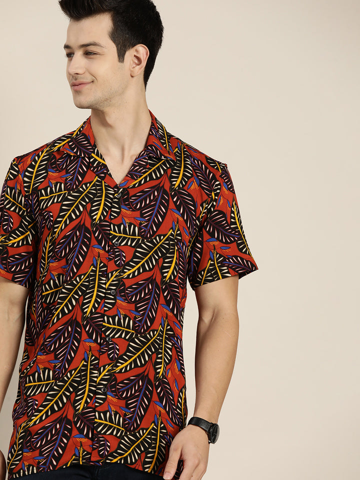 Men Black & Orange Prints Viscose Rayon Relaxed Fit Casual Resort shirt