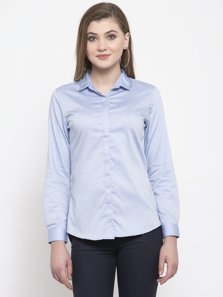 Women Blue Pure Cotton Solid Slim Fit Formal Shirt