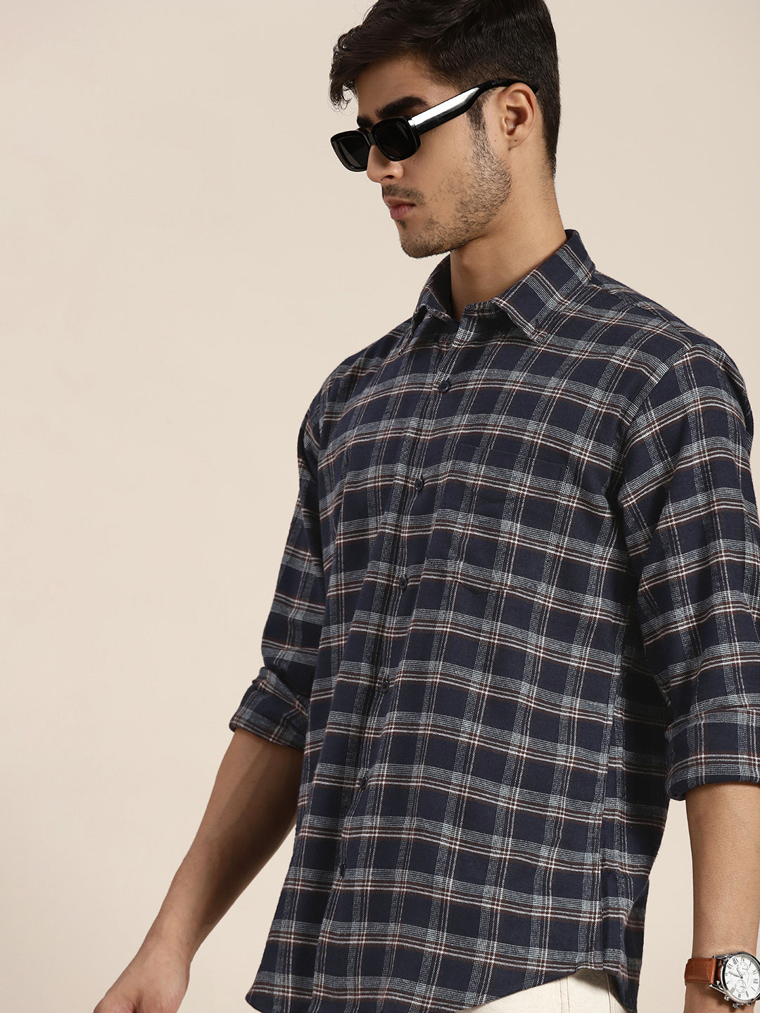 Men Navy Checked Pure Cotton Slim Fit Casual Shirt