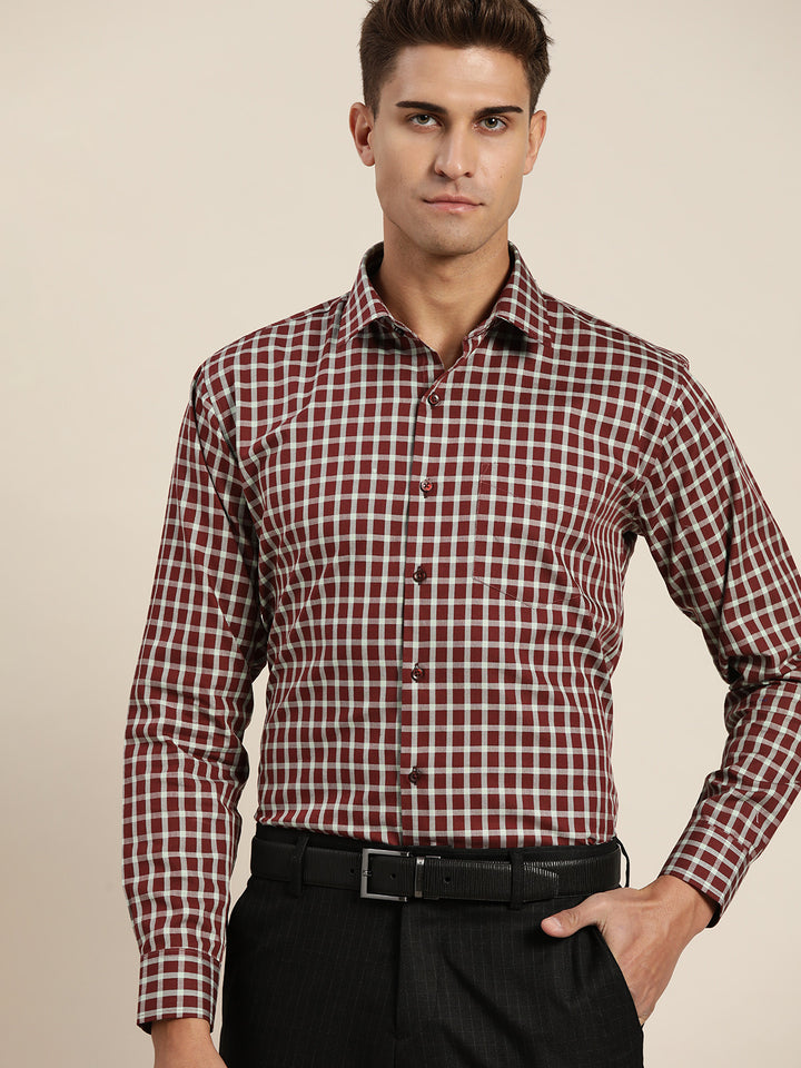 Men Maroon & Green Checks Pure Cotton Slim Fit Formal Shirt