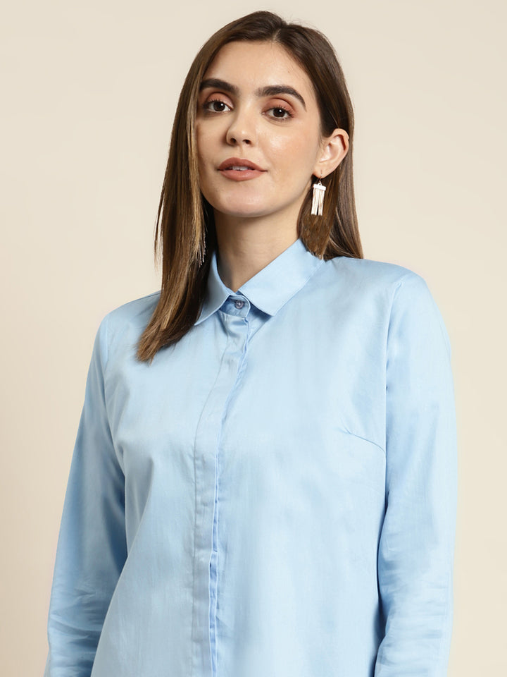 Women Blue Solid Pure Cotton Satin Regular Fit Formal Shirt
