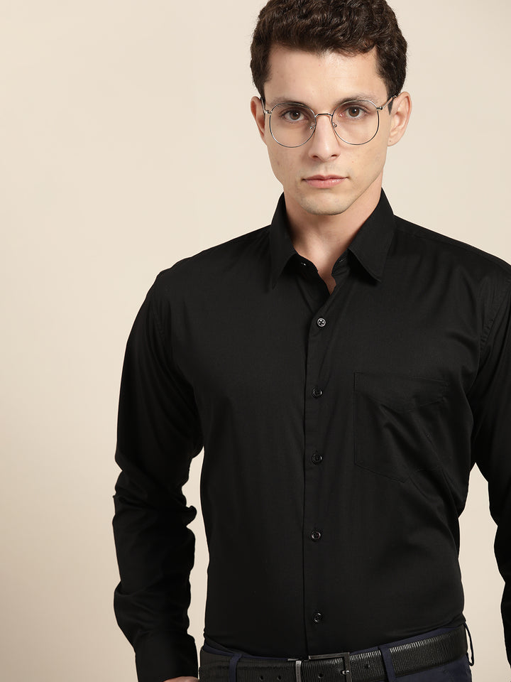 Men Black Solid Pure Cotton Slim Fit Formal Shirts