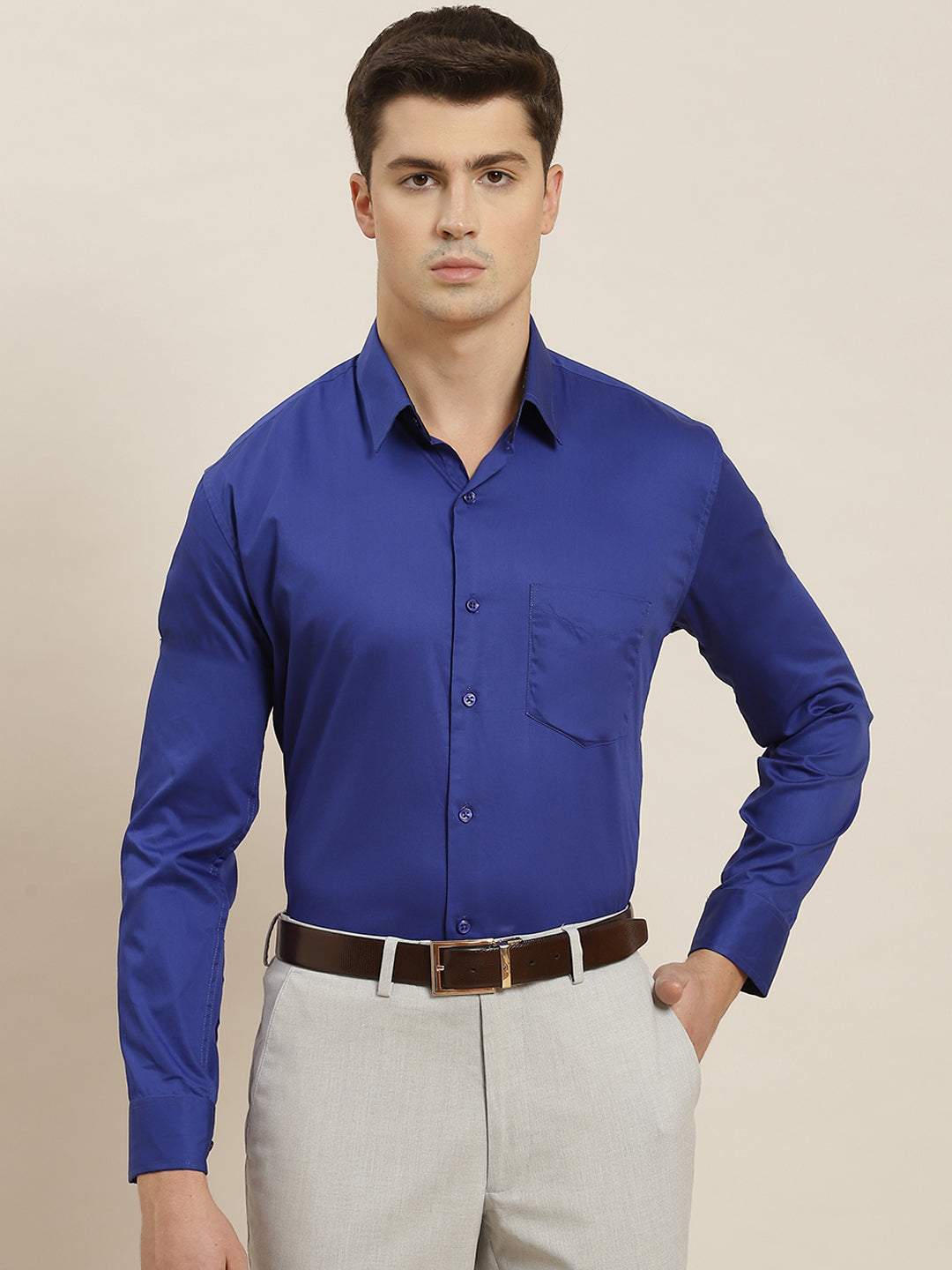 Men Blue Solid Pure Cotton Slim Fit Formal Shirt