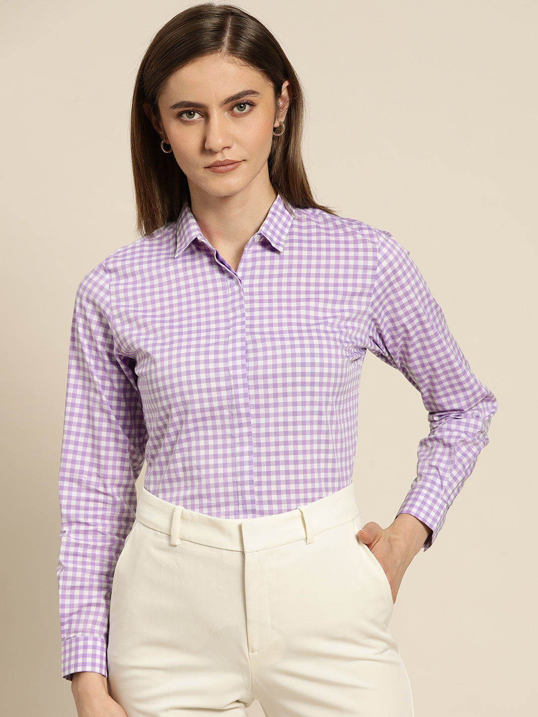 Women Lavendar & White Checked Pure Cotton Slim Fit Formal Shirt