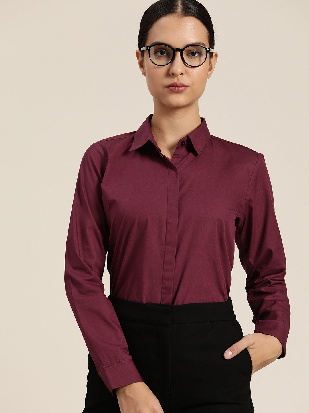 Women Wine Solid Pure Cotton Regular Fit Formal Shirt