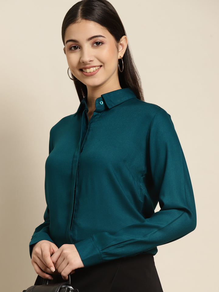 Women Turquoise Blue Solid Viscose Rayon Regular Fit Formal Shirt