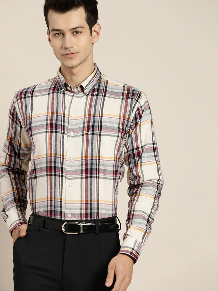 Men Beige & Black Checks Pure Cotton Slim Fit Formal Shirt