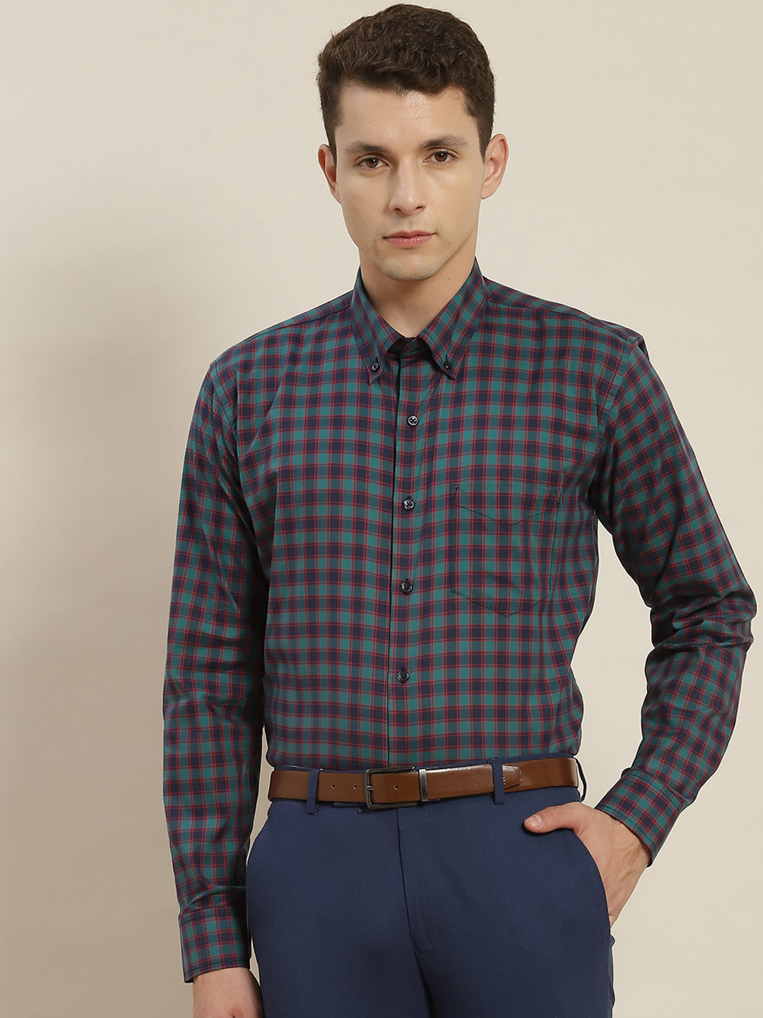 Men Navy & Green Checked Pure Cotton Slim Fit Formal Shirt