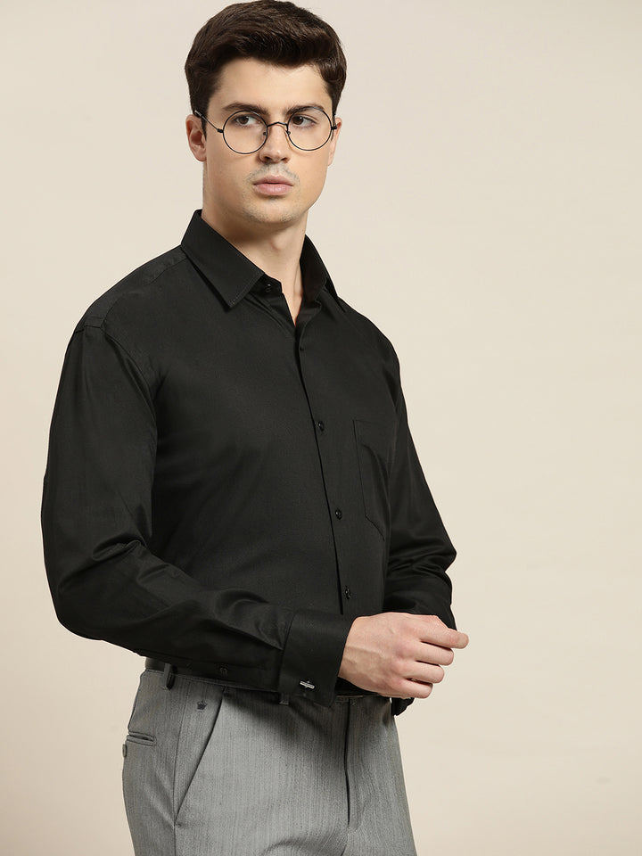 Men Black Solid Pure Cotton Regular Fit French Cuff Formal Shirt