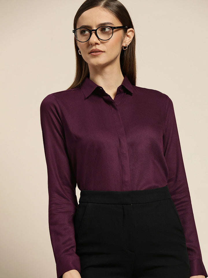 Women Maroon Solid Viscose Rayon Regular Fit Formal Shirt