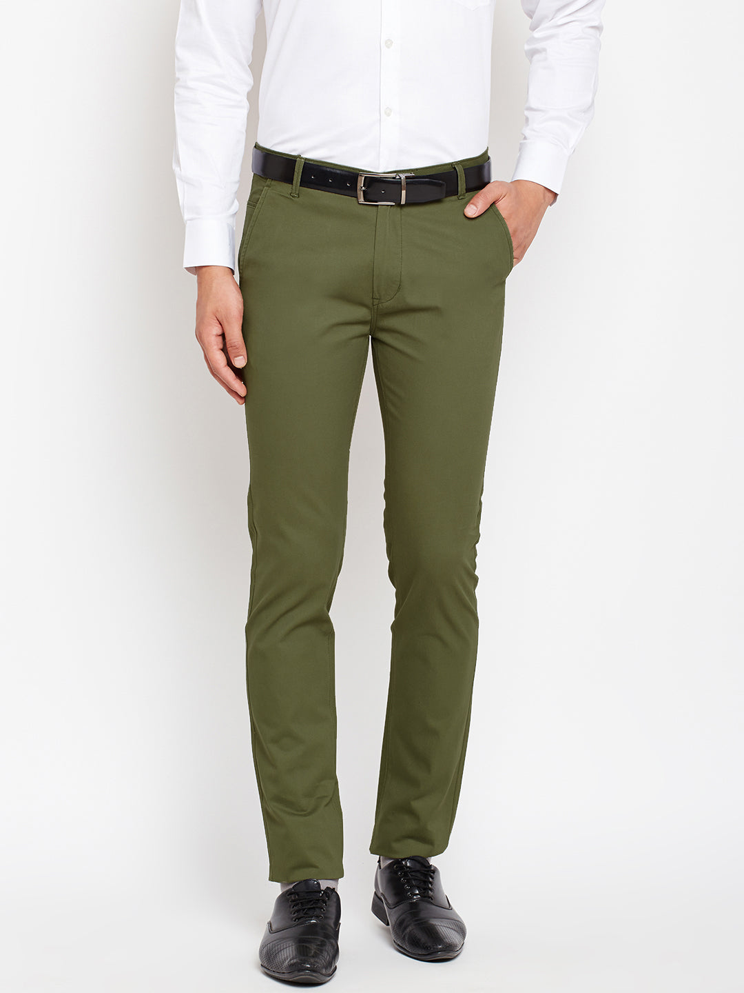Men Green Pure Cotton Solid Slim Fit Casual Trouser