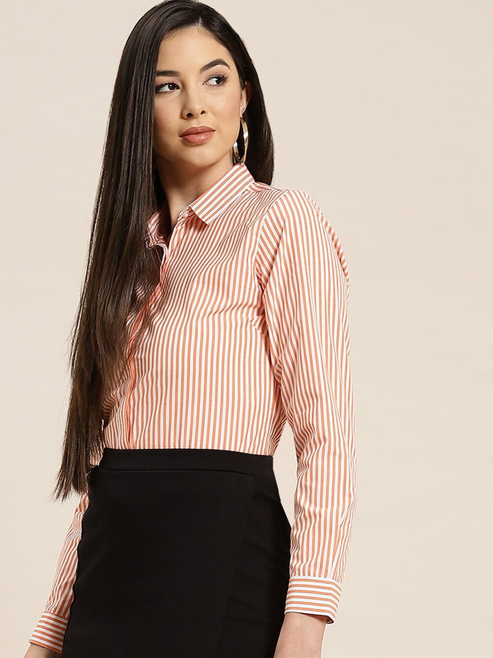 Women Orange & White Stripes Pure Cotton Slim Fit Formal Shirt