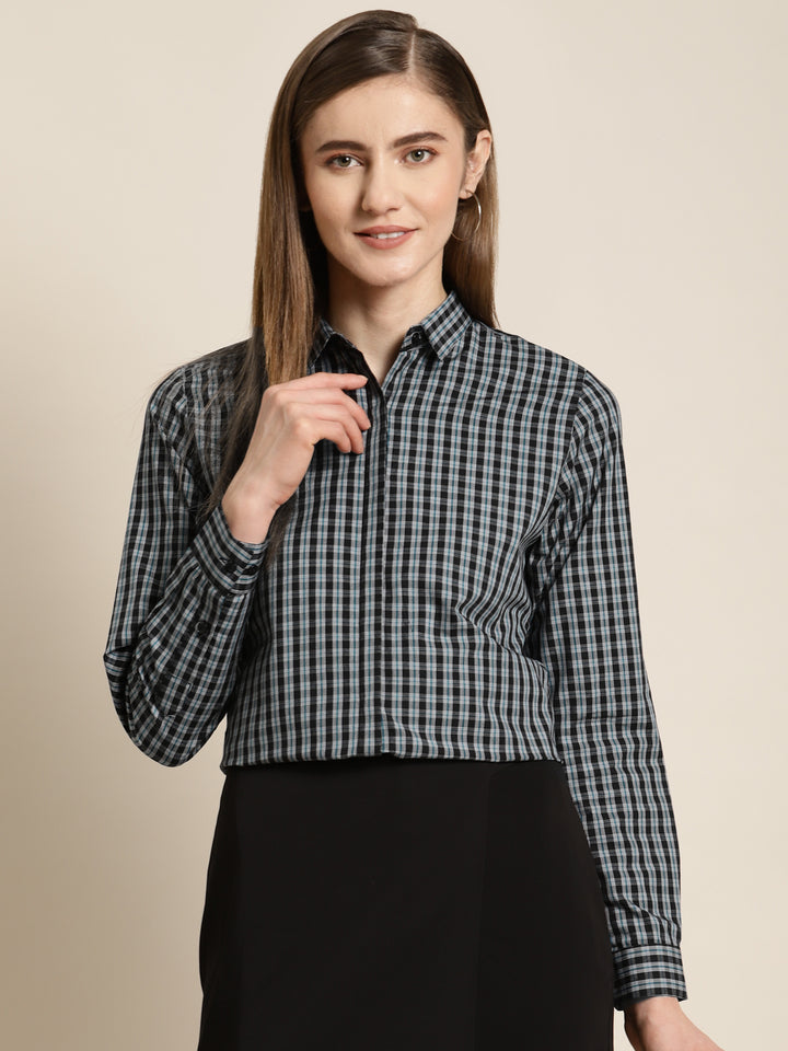 Women Black & Grey Checked Pure Cotton Slim Fit Formal Shirt