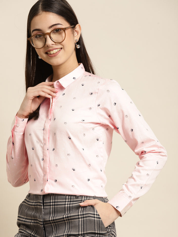 Women Pink Printed Pure Cotton Slim Fit Formal Shirt