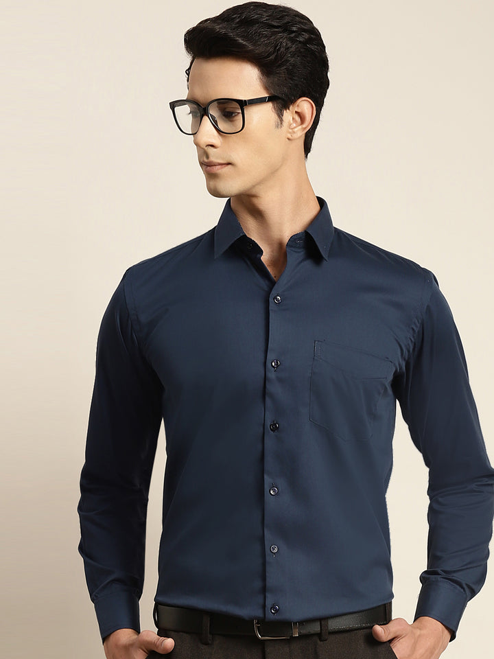 Men Navy Solid Pure Cotton Slim Fit Formal Shirt