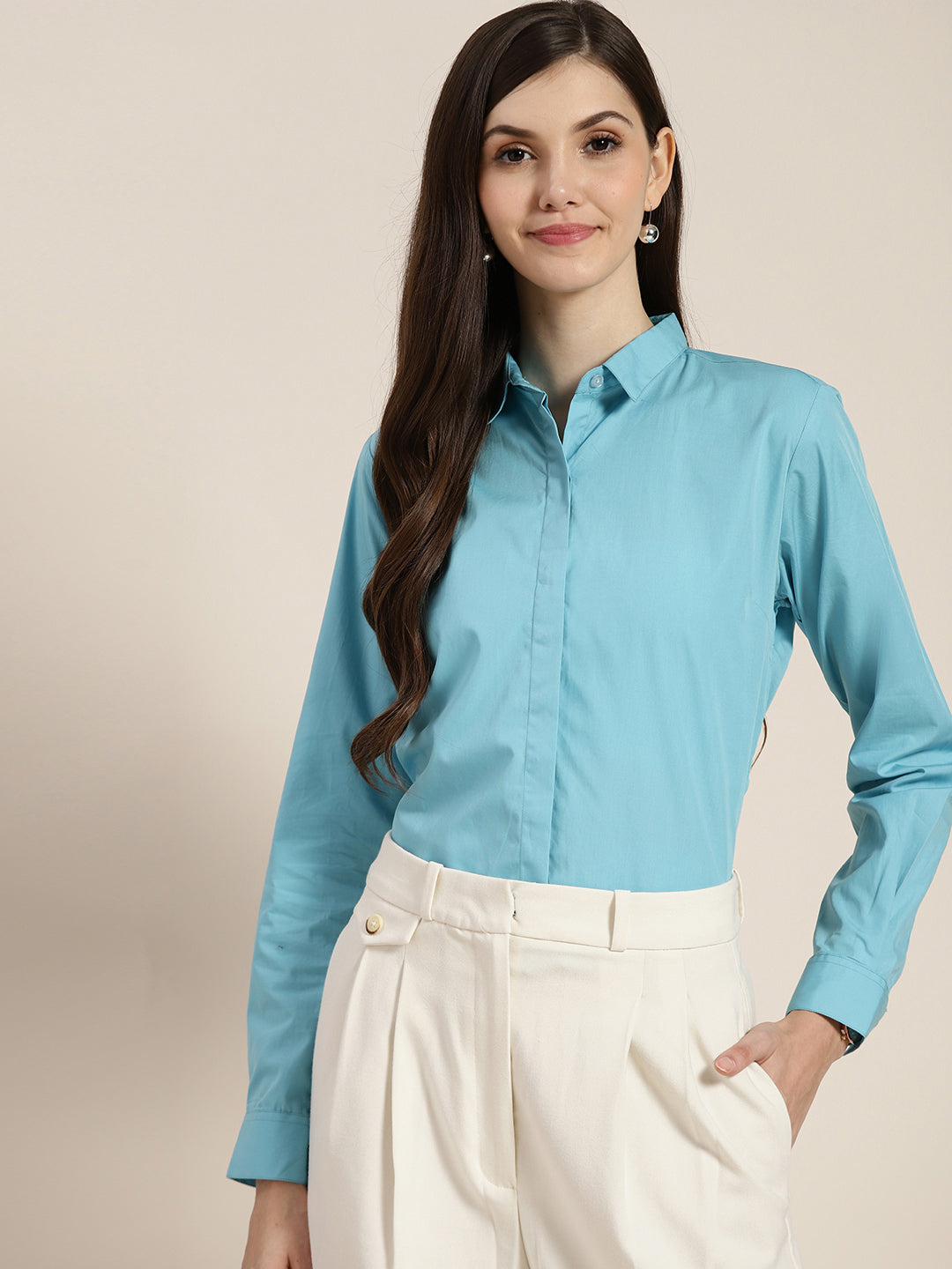 Women Blue Solid Pure Cotton Regular Fit Formal Shirt