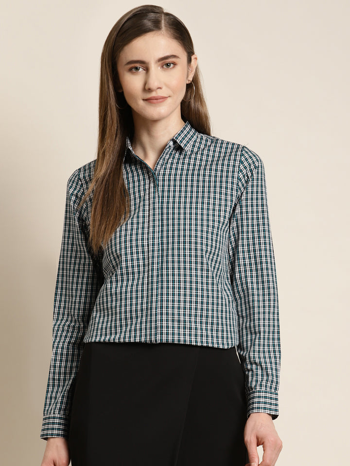 Women Navy & White Checked Pure Cotton Slim Fit Formal Shirt