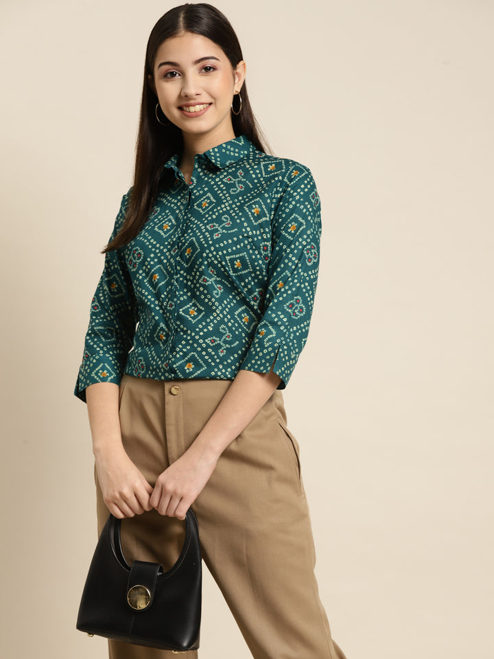 Women Green Printed Pure Cotton Regular Fit Formal Shirt