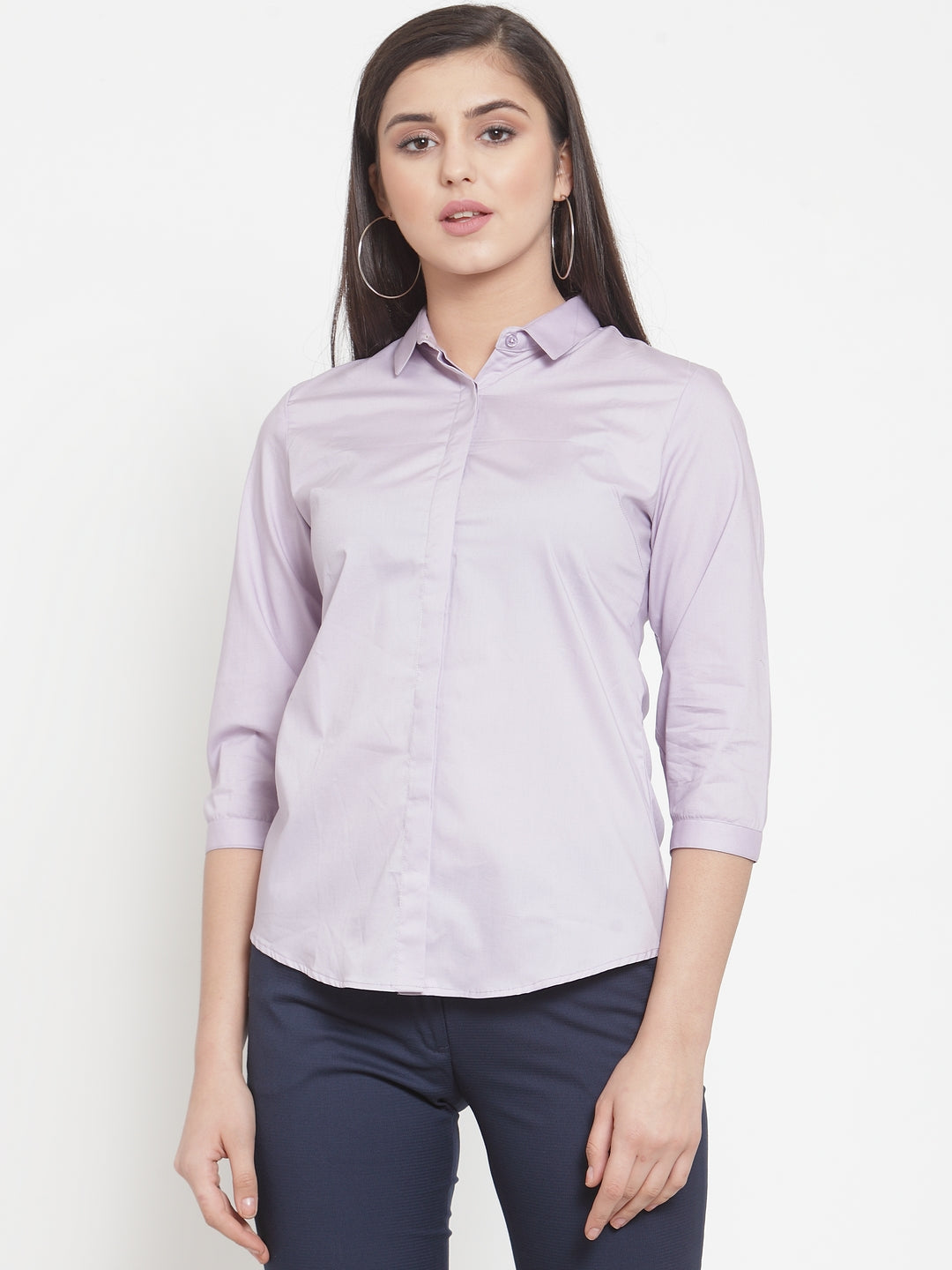 Women Purple Cotton Elastane Solid Slim Fit Formal Shirt