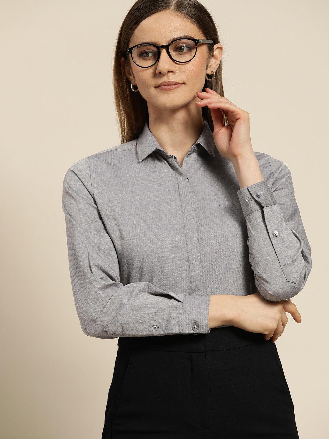 Women Grey Solid Pure Cotton Slim Fit Formal Shirt