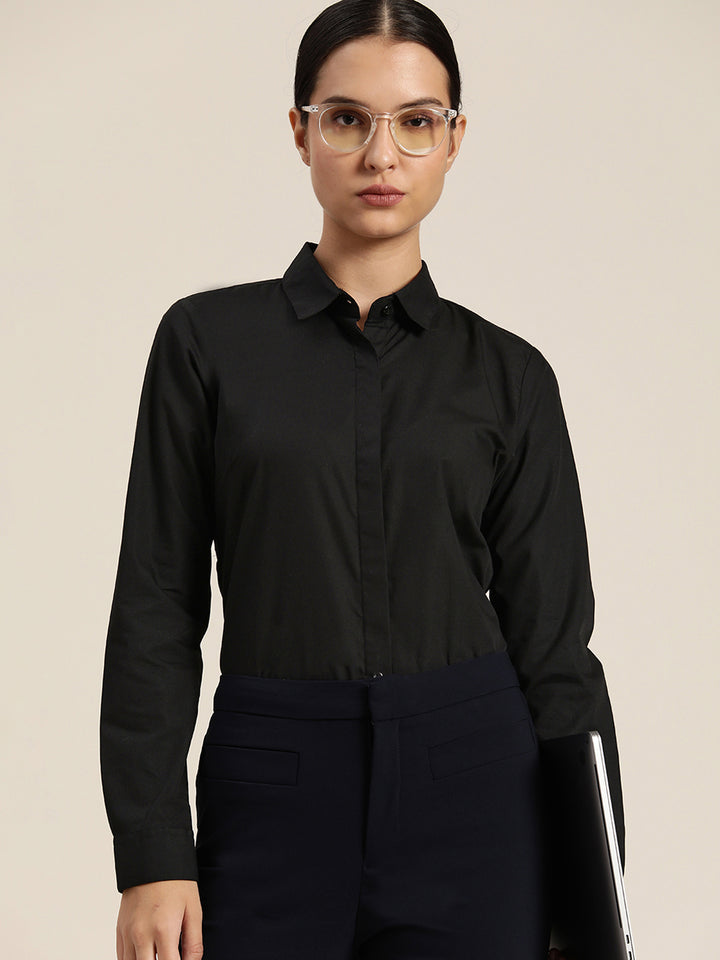 Women Black Solid Pure Cotton Regular Fit Formal Shirt