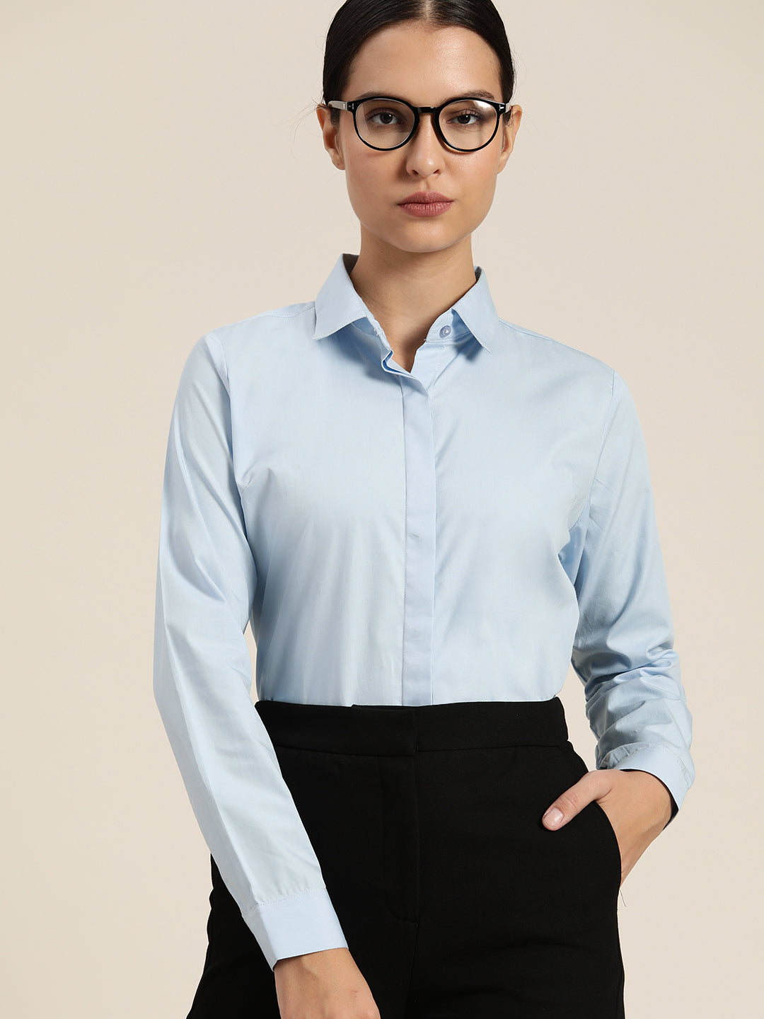 Women Sky Solid Pure Cotton Regular Fit Formal Shirt