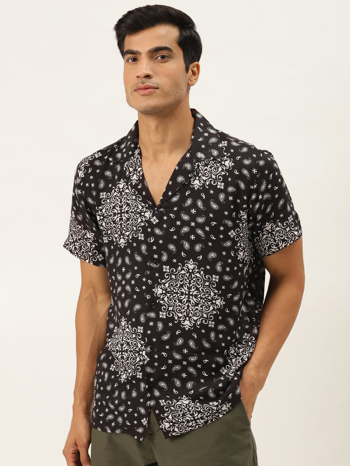 Men Black Printed Viscose Rayon Relaxed Fit Casual Resort Shirt
