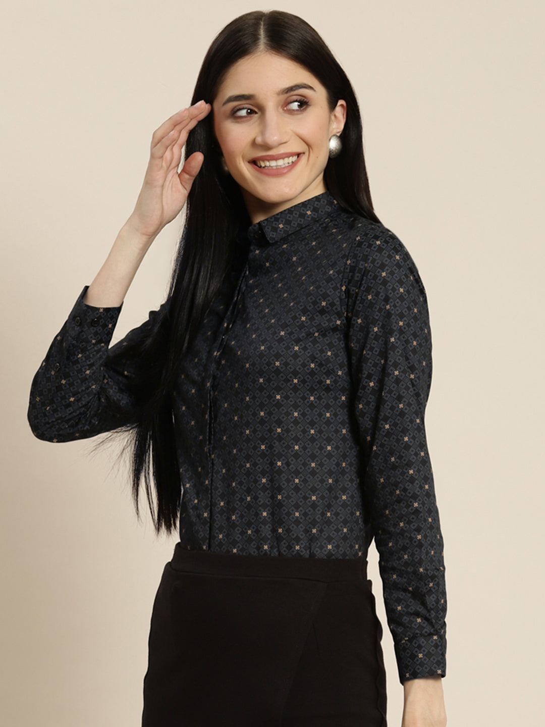 Women Black Printed Pure Cotton Slim Fit Formal Shirt