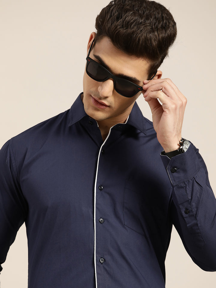 Men Navy Blue Solid Slim Fit Pure Cotton Formal Shirt