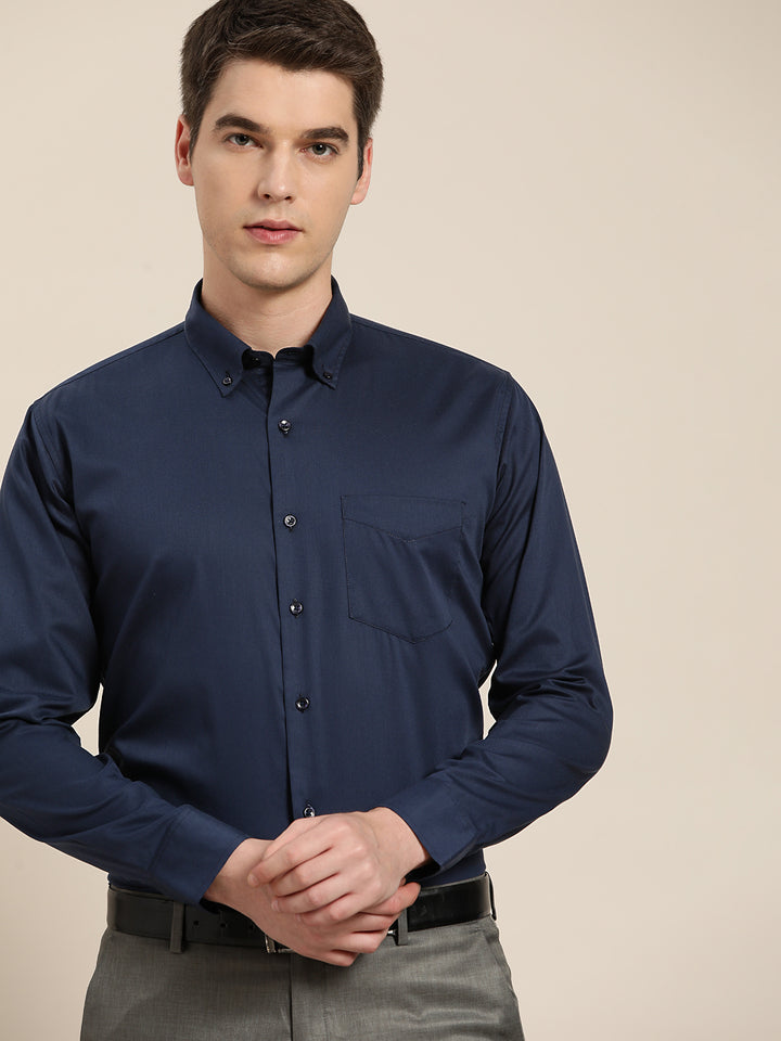 Men Navy Solid Pure Cotton Slim Fit Formal Shirt