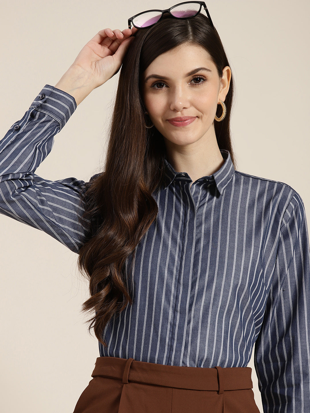 Women Navy Striped Pure Cotton Regular Fit Formal Shirt