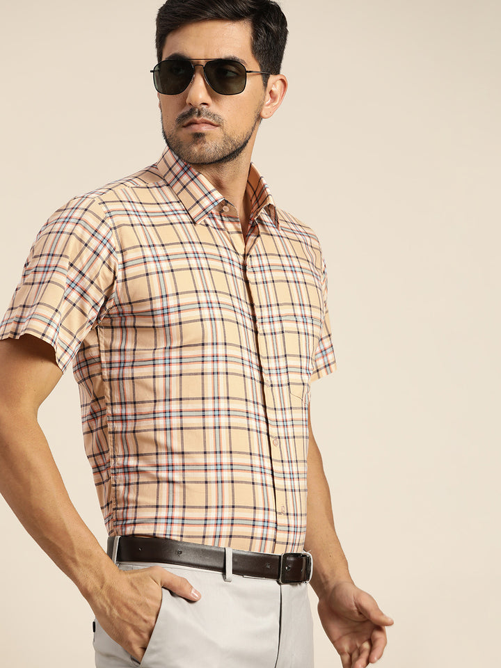 Men Beige Checked Pure Cotton Slim Fit Formal Shirt