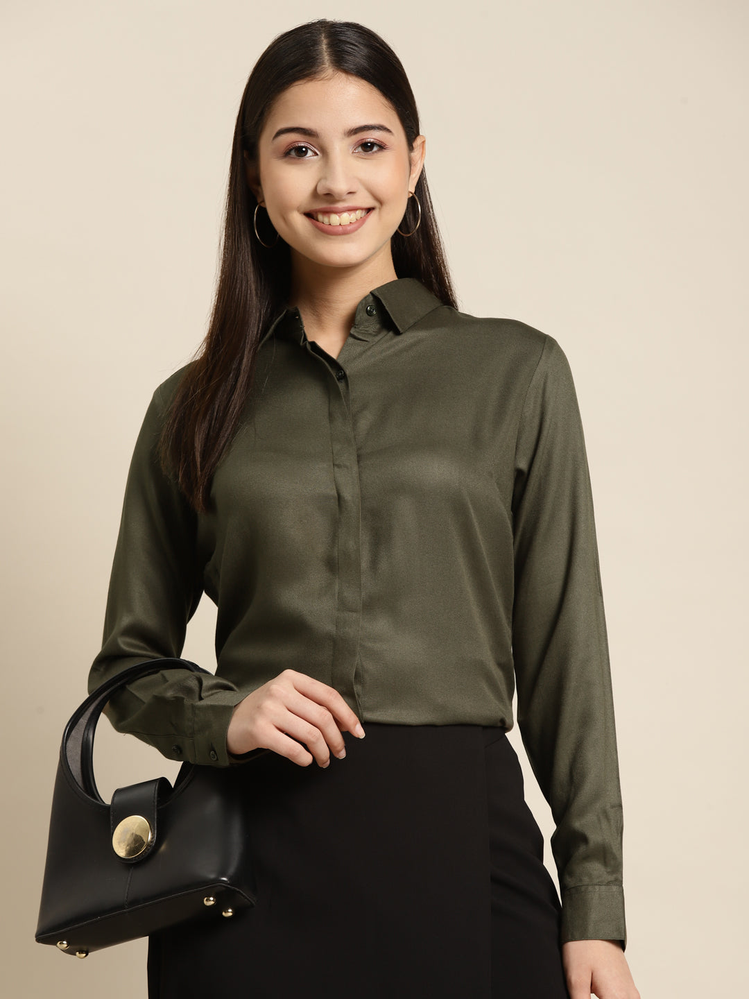 Women Olive Solid Viscose Rayon Regular Fit Formal Shirt