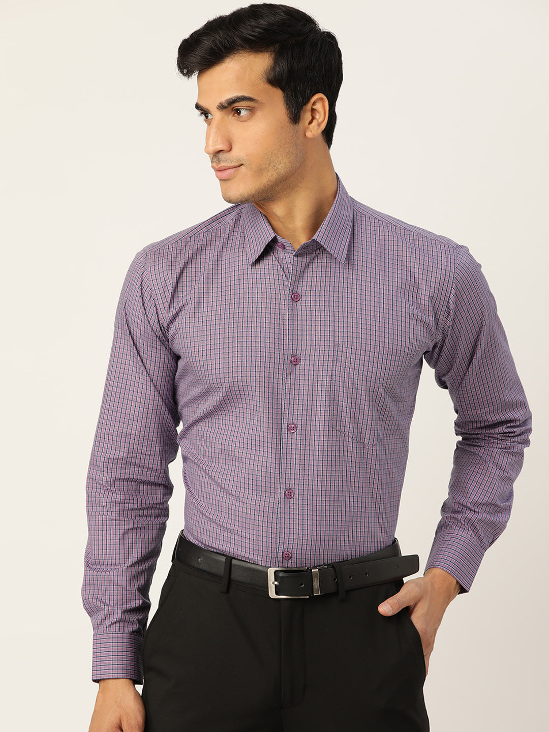 Men Purple Checks Pure Cotton Slim Fit Formal Shirt