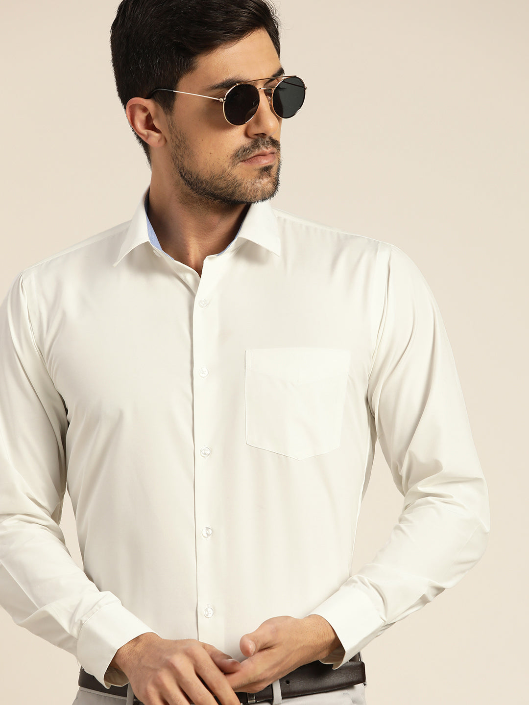Men Cream Solids Slim Fit Formal Shirt