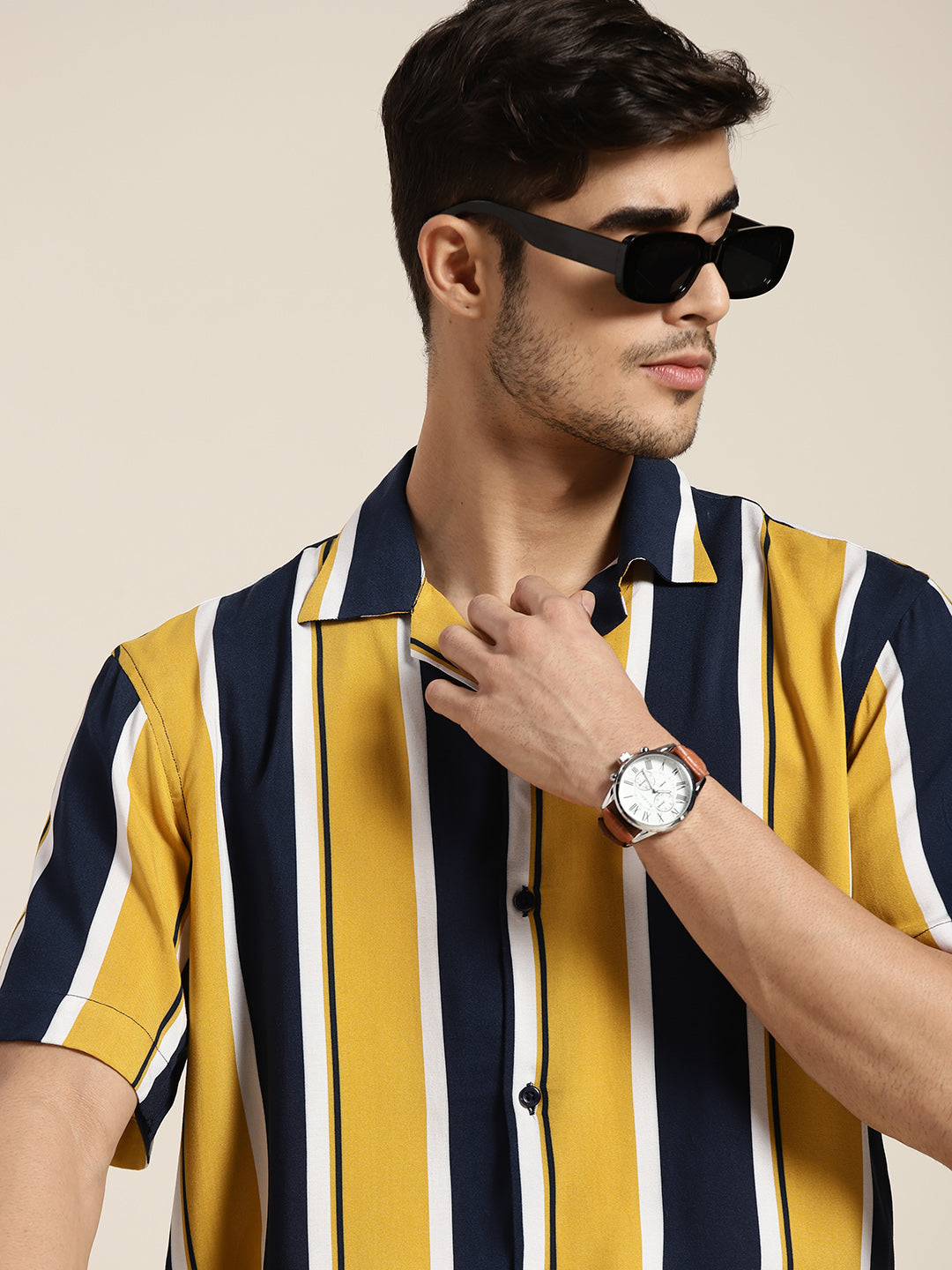 Men Navy & Mustard Striped Viscose Rayon Relaxed Fit Casual Resort Shirt