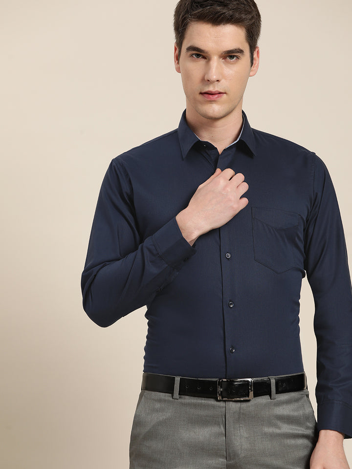 Men Navy Solid Pure Cotton Slim Fit Formal Shirt