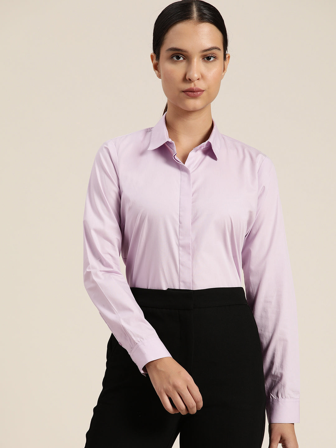 Women Lavender Solid Pure Cotton Regular Fit Formal Shirt