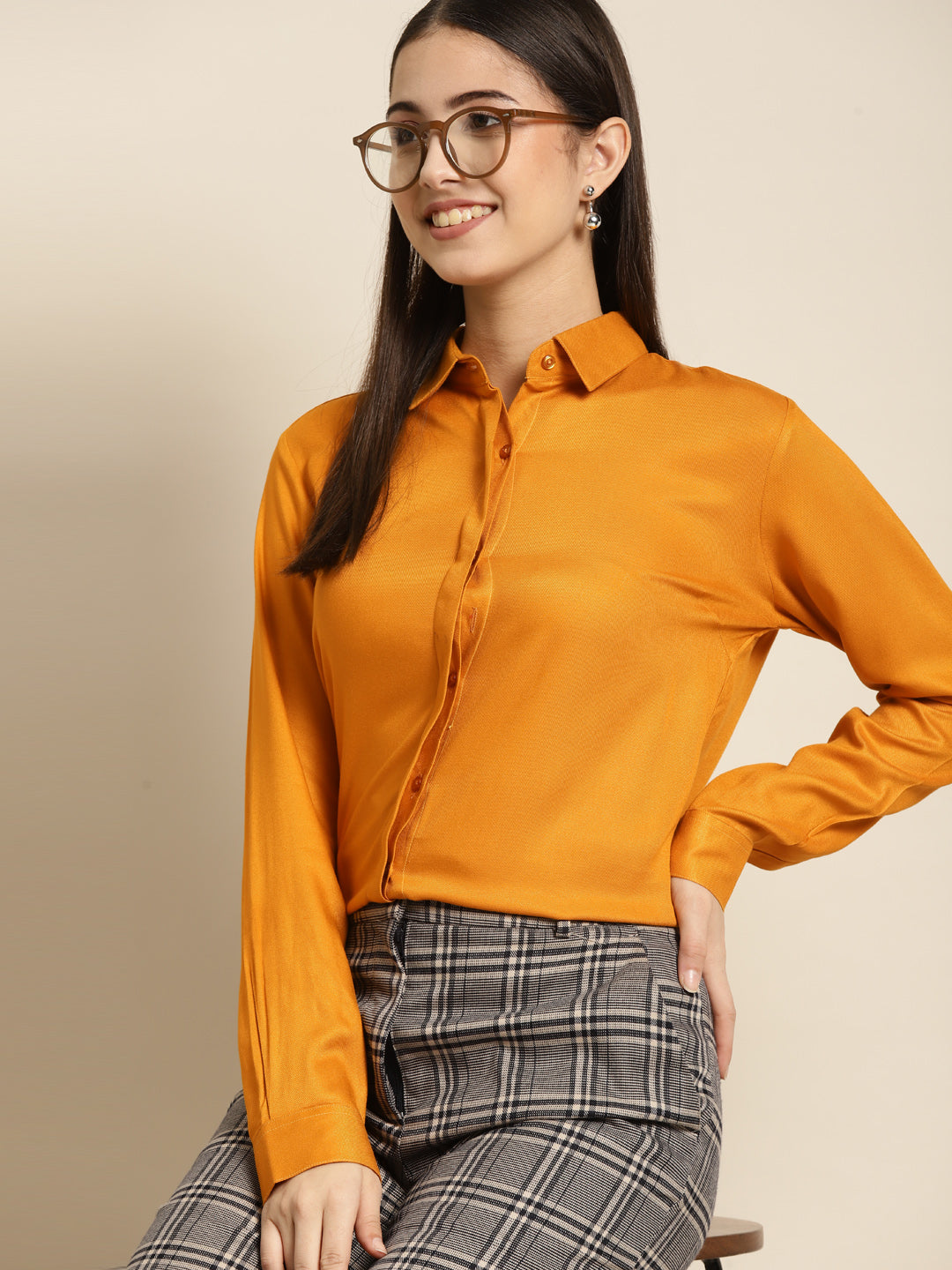 Women Mustard Solid Viscose Rayon Regular Fit Formal Shirt