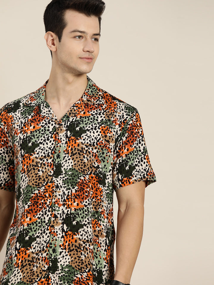 Men Mustard & Green Prints Viscose Rayon Relaxed Fit Casual Resort shirt