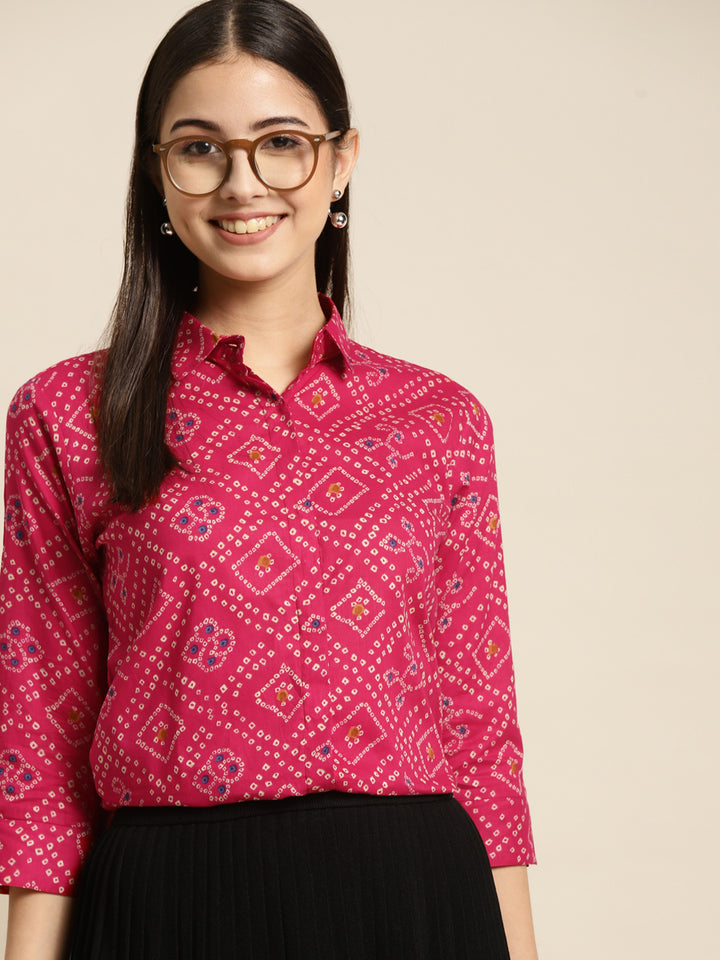 Women Magenta Printed Pure Cotton Regular Fit Formal Shirt